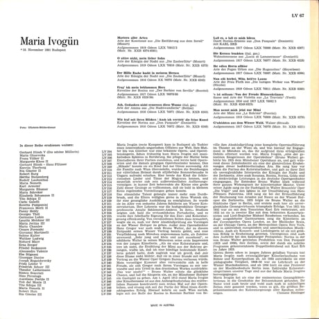 マリア・イーヴォギュン / Maria Ivogün [※輸入盤,生産国:Austria,品番:LV 67］(LPレコード)