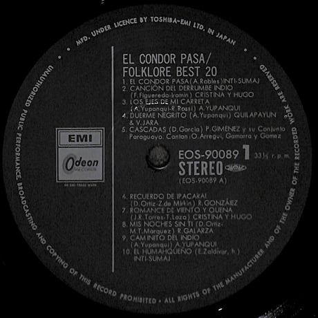 コンドルは飛んで行く/ フォルクローレ・ベスト20 [※国内盤,品番:EOS-90089］(LPレコード)