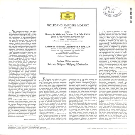 ヴォルフガング・アマデウス・モーツァルト / Violinkonzerte: Nr.4 D-dur KV 218 他 [※輸入盤,生産国:UK,品番:139 463］(LPレコード)