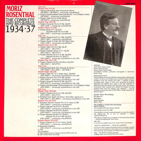 モーリツ・ローゼンタール / The Complete HMV Recordings [※輸入盤,生産国:UK,品番:APR 7002,2枚組］(LPレコード)