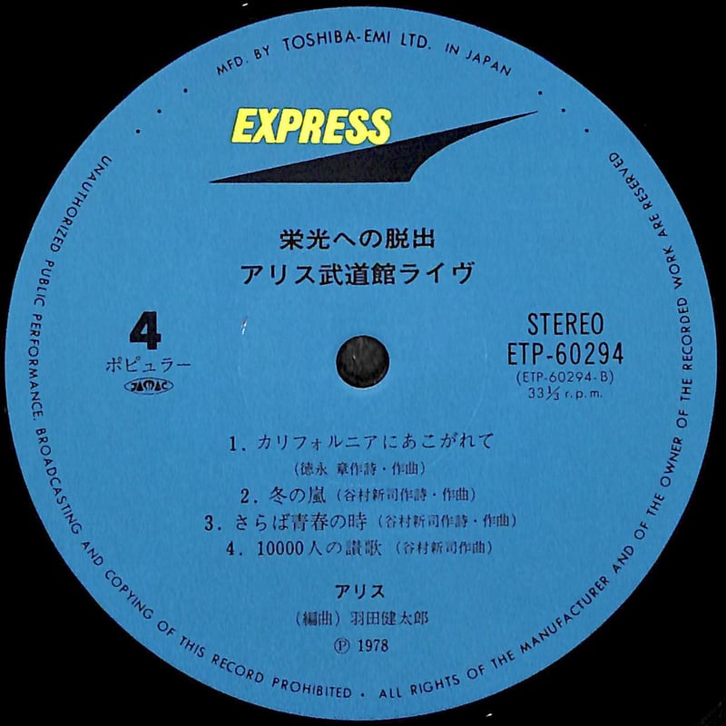 アリス / 栄光への脱出 アリス武道館ライヴ [※国内盤,品番:ETP