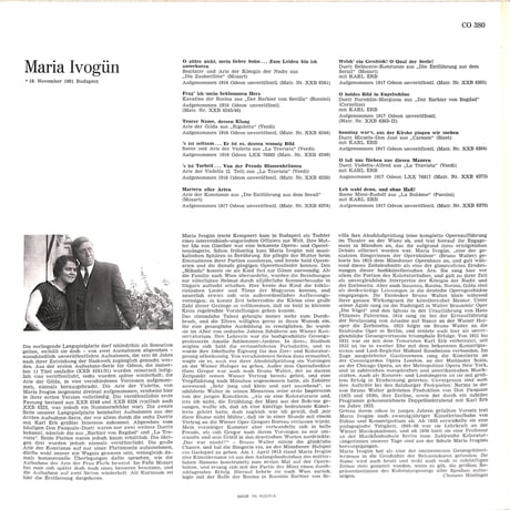 マリア・イーヴォギュン / Maria Ivogün [※輸入盤,生産国:Austria,品番:CO 380］(LPレコード)