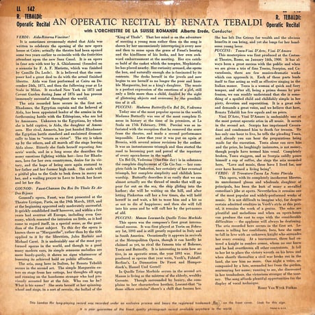 レナータ・テバルディ / An Operatic Recital By Renata Tebaldi [※輸入盤,生産国:US,品番:LL 142］(LPレコード)