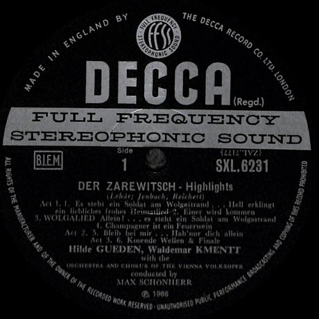 フランツ・レハール / Highlights From Der Graf Von Luxemburg,Der Zarewitsch [※輸入盤,生産国:UK,品番:SXL 6231］(LPレコード)