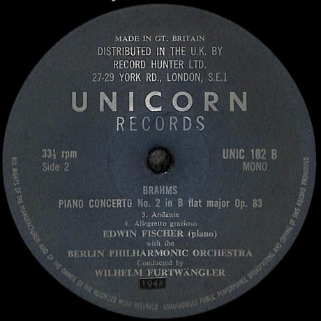 エドウィン・フィッシャー 他 / Brahms Piano Concerto No.2 In B Flat Major Op.83 [※輸入盤,生産国:UK,品番:UNIC-102］(LPレコード)