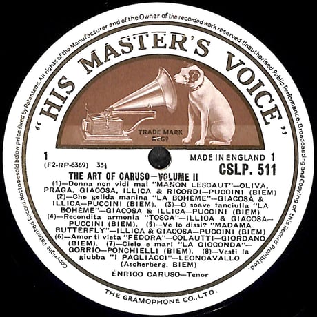 エンリコ・カルーソー / The Art Of Caruso Volume Two [※輸入盤,生産国:UK,品番:CSLP 511］(LPレコード)