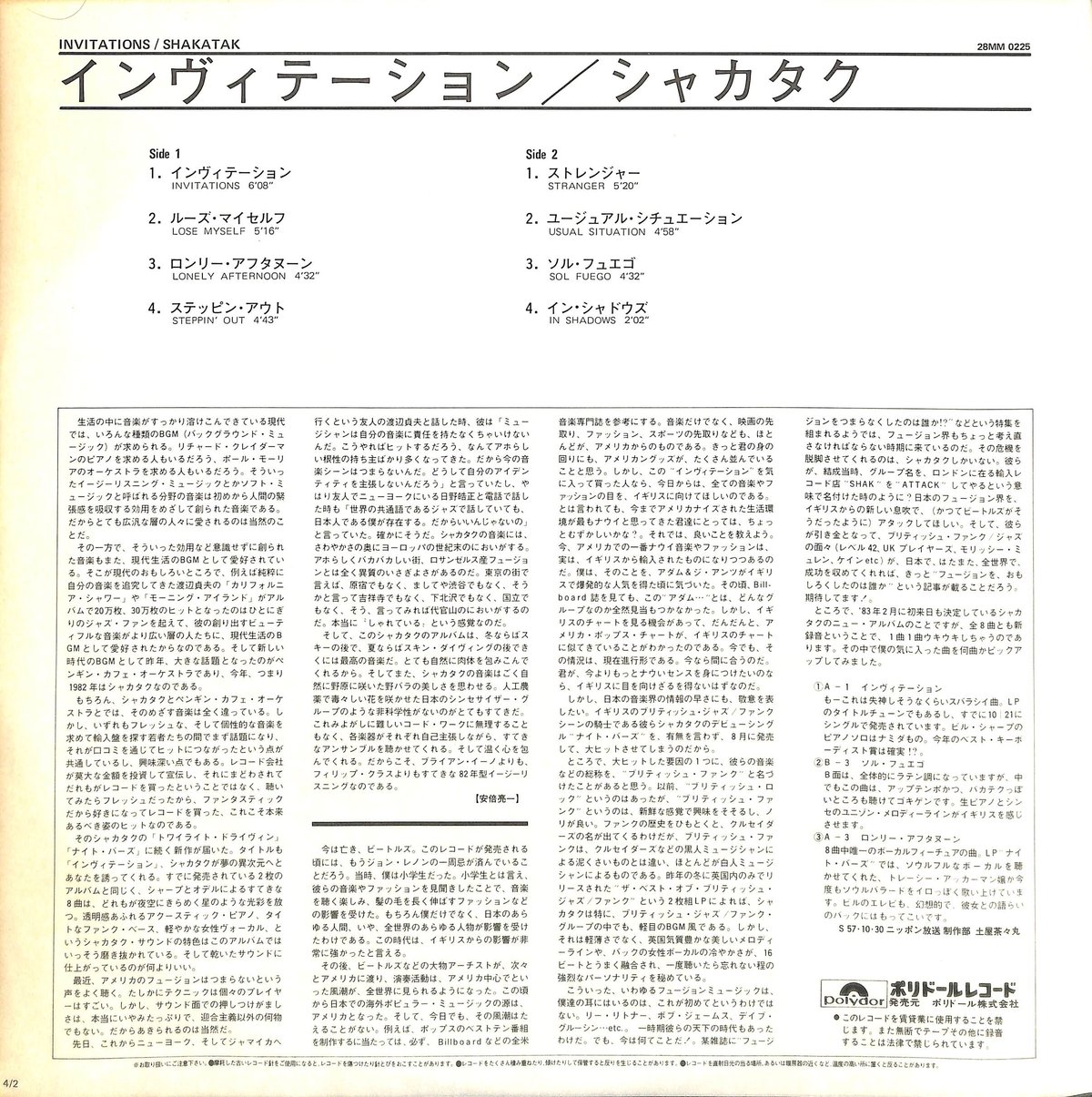 シャカタク / インヴィテーション [※国内盤,品番:28MM 0225］(LP