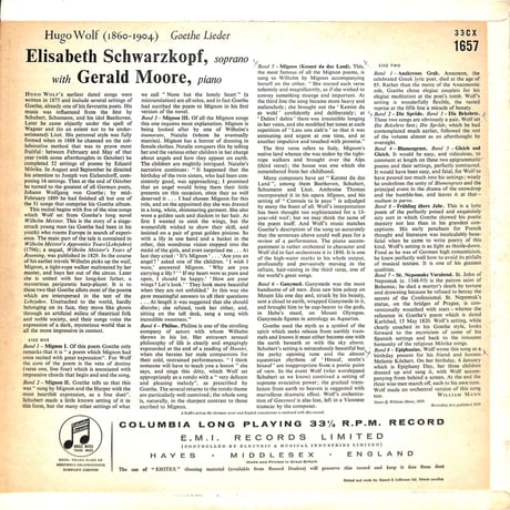 エリーザベト・シュヴァルツコップ / Hugo Wolf: Goethe Lieder [※輸入盤,生産国:UK,品番:33CX 1657］(LPレコード)