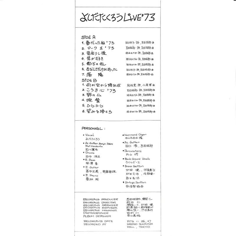 吉田拓郎 / よしだたくろう Live'73 [※国内盤,品番:SOLL-59-OD］(LPレ