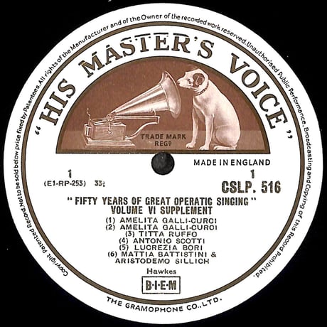Fifty Years Of Great Operatic Singing Voume VI: Supplement [※輸入盤,生産国:UK,品番:CSLP 516］(LPレコード)