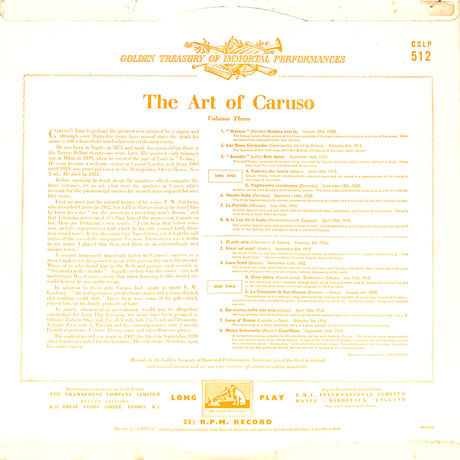 エンリコ・カルーソー / The Art Of Caruso Volume Three [※輸入盤,生産国:UK,品番:CSLP 512］(LPレコード)