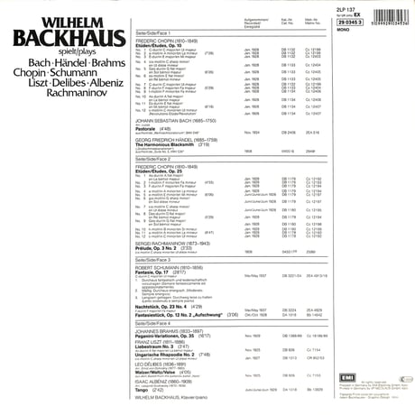 ヴィルヘルム・バックハウス / Werke Für Klavier - Piano Works [※輸入盤,生産国:Germany,品番:29 0345 3,2枚組］(LPレコード)