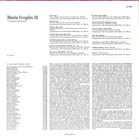 マリア・イーヴォギュン / Maria Ivogün III [※輸入盤,生産国:Austria,品番:LV 69］(LPレコード)