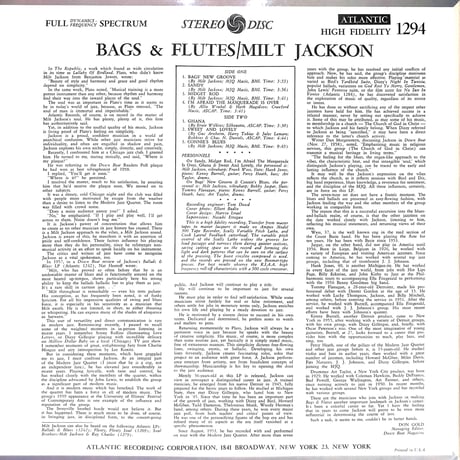 ミルト・ジャクソン / Bags & Flutes [※輸入盤,生産国:US,品番:SD 1294］(LPレコード)