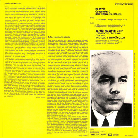 バルトーク,メニューイン,フルトヴェングラー / Concerto n°2 pour violon et orchestre [※輸入盤,生産国:France,品番:2C 051-01322］(LP)