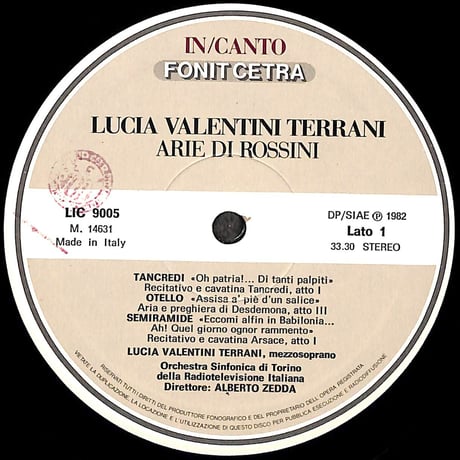 ルチア・ヴァレンティーニ＝テッラーニ / Arie Di Rossini [※輸入盤,生産国:Italy,品番:LIC 9005］(LPレコード)