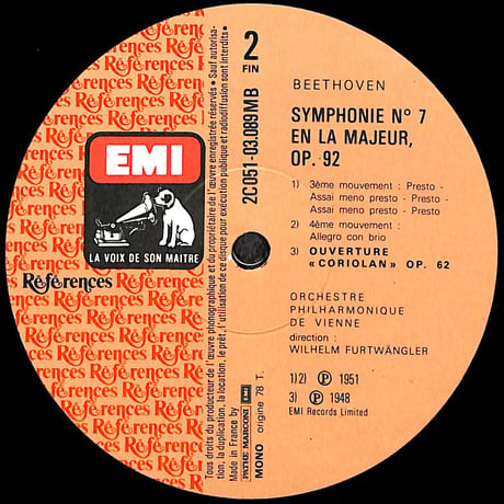 フルトヴェングラー / Beethoven:Symphonie N° 7 Ouverture "Coriolan" [※輸入盤,生産国:France,品番:2 C 051-03089］(LPレコード)