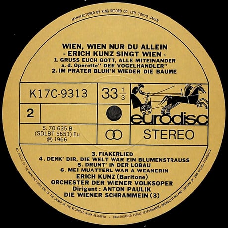 エーリッヒ・クンツ / わが夢の都ウィーン [※国内盤,品番:K17C-9313］(LPレコード)