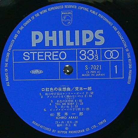 荒木一郎 / 口紅色の夜想曲  [フィリップス移籍第一弾 荒木一郎プロデュース 編曲 井上鑑 の第8作目のアルバム] [帯付、歌詞とインサート付(ペーパーマックス創刊号)］(LPレコード)