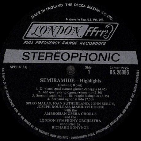 Rossini: Semiramide (Highlights) [※輸入盤,生産国:UK,品番:OS 26086］(LPレコード)