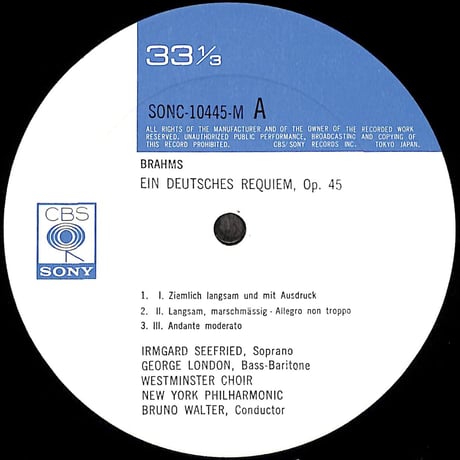 ブルーノ・ワルター / ブラームス ドイツ・レクイエム作品45 [※国内盤,品番:SONC 10445-M］(LPレコード)