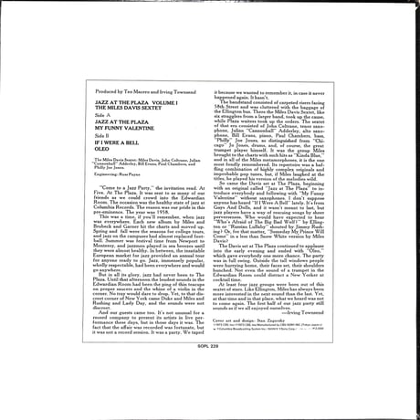 ザ・マイルス・デイビス・セクステット / ジャズ・アット・ザ・プラザ Vol.1  [※国内盤,品番:SOPL 229］(LPレコード)