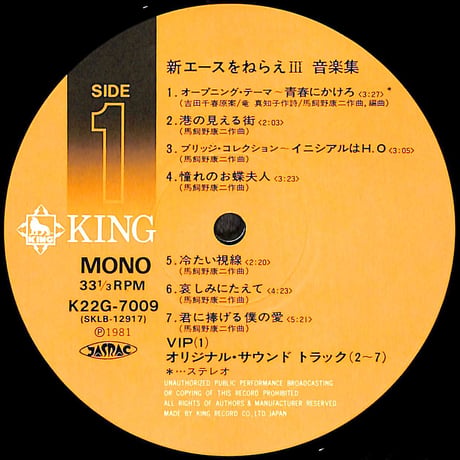 新・エースをねらえ！ Ⅲ 音楽集 [※国内盤,品番:K22G-7009］(LPレコード)