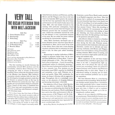 オスカー・ピーターソン・トリオ,ミルト・ジャクソン / Very Tall [※輸入盤,生産国:US,品番:V6-8429］(LPレコード)