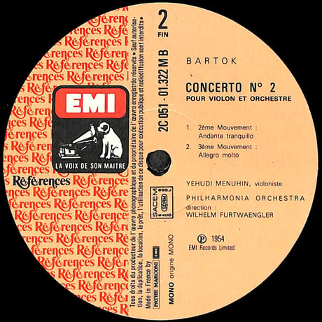 バルトーク,メニューイン,フルトヴェングラー / Concerto n°2 pour violon et orchestre [※輸入盤,生産国:France,品番:2C 051-01322］(LP)