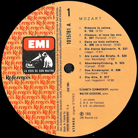 モーツァルト,エリーザベト・シュヴァルツコップ,ヴァルター・ギーゼキング / Lieder et Mélodies [※輸入盤,生産国:France,品番:1015781］(LPレコード)