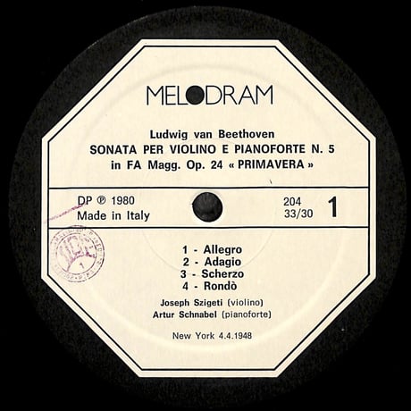 シゲティ,シュナーベル / Beethoven:Sonate Per Violino E Pianoforte [※輸入盤,生産国:Italy,品番:MEL 204］(LPレコード)
