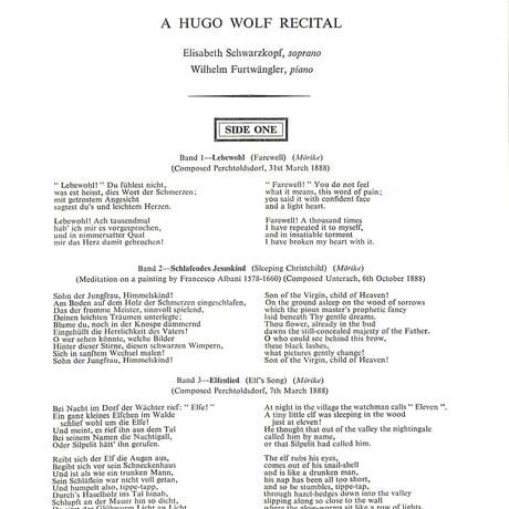 エリーザベト・シュヴァルツコップ,ヴィルヘルム・フルトヴェングラー / A Hugo Wolf Recital [※輸入盤,生産国:UK,品番:ALP 2114］(LPレコード)