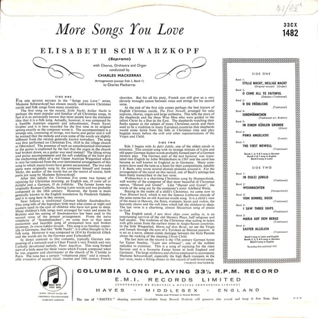 エリーザベト・シュヴァルツコップ / More Songs You Love [※輸入盤,生産国:UK,品番:33CX 1482］(LPレコード)