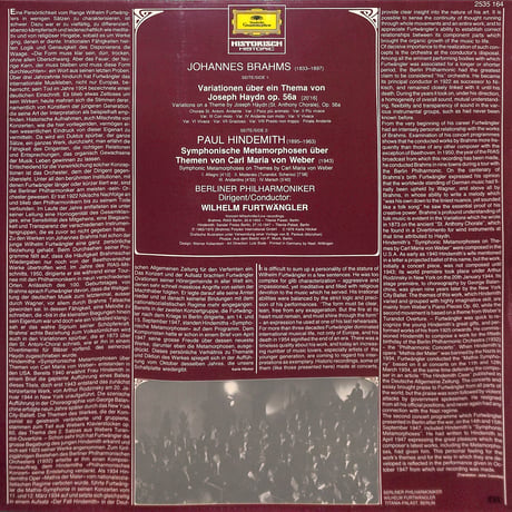 ヴィルヘルム・フルトヴェングラー / Brahms/Hindemith [※輸入盤,生産国:Germany,品番:2535 164］[未開封品](LPレコード)