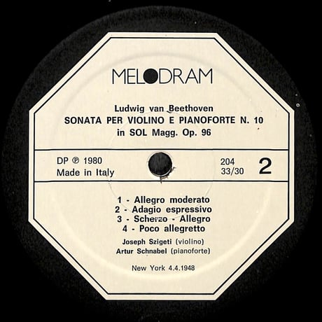 シゲティ,シュナーベル / Beethoven:Sonate Per Violino E Pianoforte [※輸入盤,生産国:Italy,品番:MEL 204］(LPレコード)