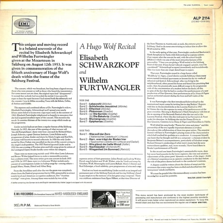 エリーザベト・シュヴァルツコップ,ヴィルヘルム・フルトヴェングラー / A Hugo Wolf Recital [※輸入盤,生産国:UK,品番:ALP 2114］(LPレコード)