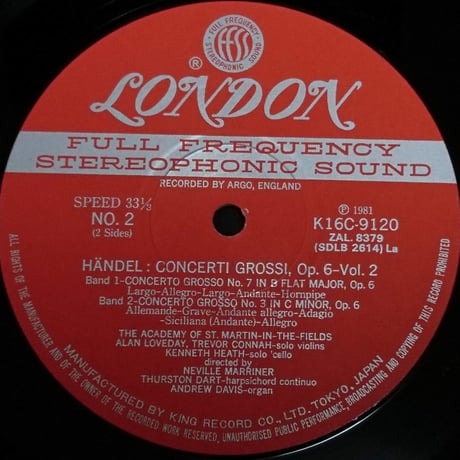ネヴィル・マリナー / ヘンデル:合奏協奏曲作品6 第2集 [※国内盤,品番:K16C-9120］(LPレコード)