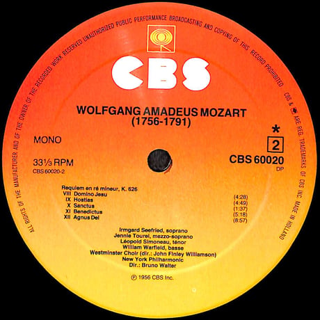 ブルーノ・ワルター / Mozart:Requiem, K.626 [※輸入盤,生産国:Holland,品番:CBS 60020］(LPレコード)