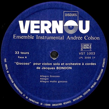 ジャーク・ボンドン / "Giocoso" 他 [※輸入盤,生産国:France,品番:VST 1003］(LPレコード)