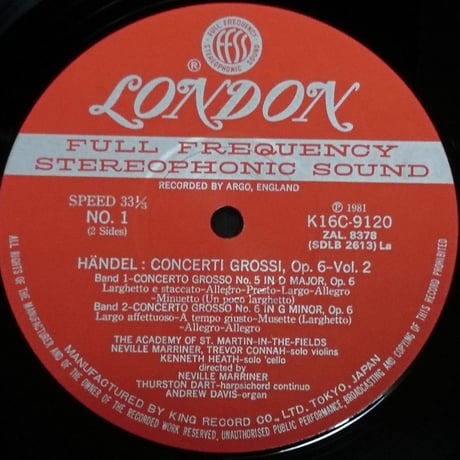 ネヴィル・マリナー / ヘンデル:合奏協奏曲作品6 第2集 [※国内盤,品番:K16C-9120］(LPレコード)