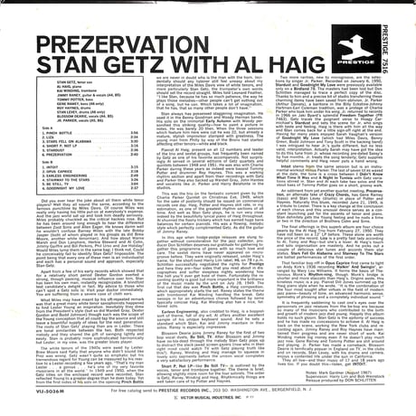 スタン・ゲッツ / Prezervation［※国内盤,品番:VIJ-5036］(LPレコード)