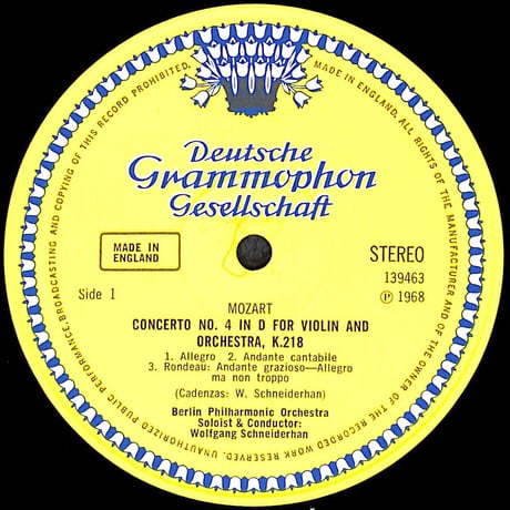 ヴォルフガング・アマデウス・モーツァルト / Violinkonzerte: Nr.4 D-dur KV 218 他 [※輸入盤,生産国:UK,品番:139 463］(LPレコード)