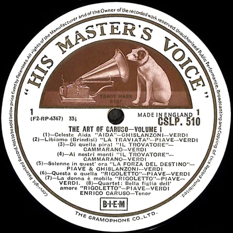エンリコ・カルーソー / The Art Of Caruso Volume One [※輸入盤,生産国:UK,品番:CSLP 510］(LPレコード)