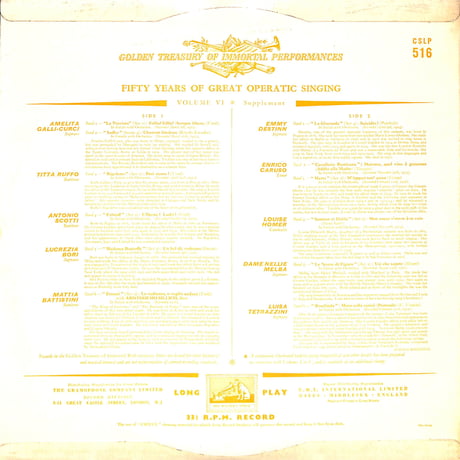 Fifty Years Of Great Operatic Singing Voume VI: Supplement [※輸入盤,生産国:UK,品番:CSLP 516］(LPレコード)