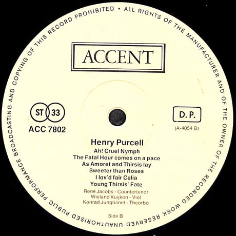 ヘンリー・パーセル / Tis Nature's Voice” And Other Songs And Elegies [※輸入盤,生産国:Germany,品番:ACC 7802］(LPレコード)