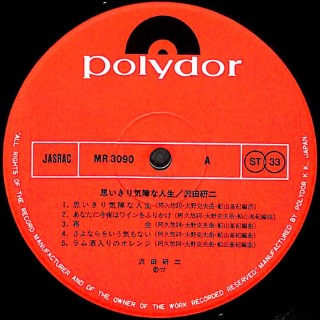 沢田研二 / 思いきり気障な人生 [※国内盤,品番:MR 3090］(LPレコード)
