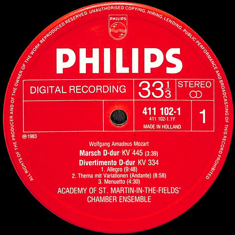 モーツァルト / Divertimento Kv 334 • March Kv 445 [※輸入盤,生産国:Netherlands,品番:411 102-1］(LPレコード)