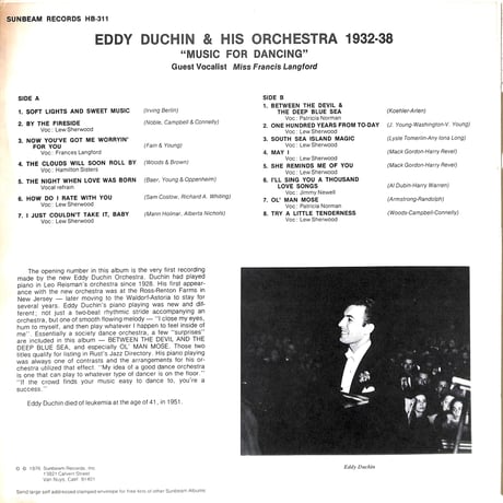 Eddy Duchin & His Orchestra / Music For Dancing 1932-38 [※輸入盤,生産国:US,品番:HB-311］(LPレコード)