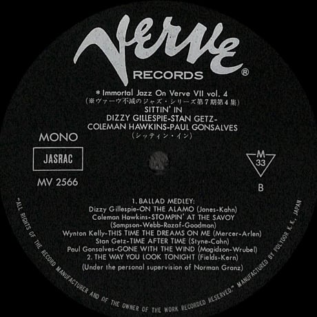 ディジー・ガレスピー,スタン・ゲッツ,コールマン・ホーキンス 他 / Sittin' In [※国内盤,品番:MV 2566］(LPレコード)