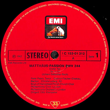 オットー・クレンペラー / Bach:Matthäus Passion [※輸入盤,生産国:Germany,品番:1C 153-01 312/15,4枚組］(LPレコード)